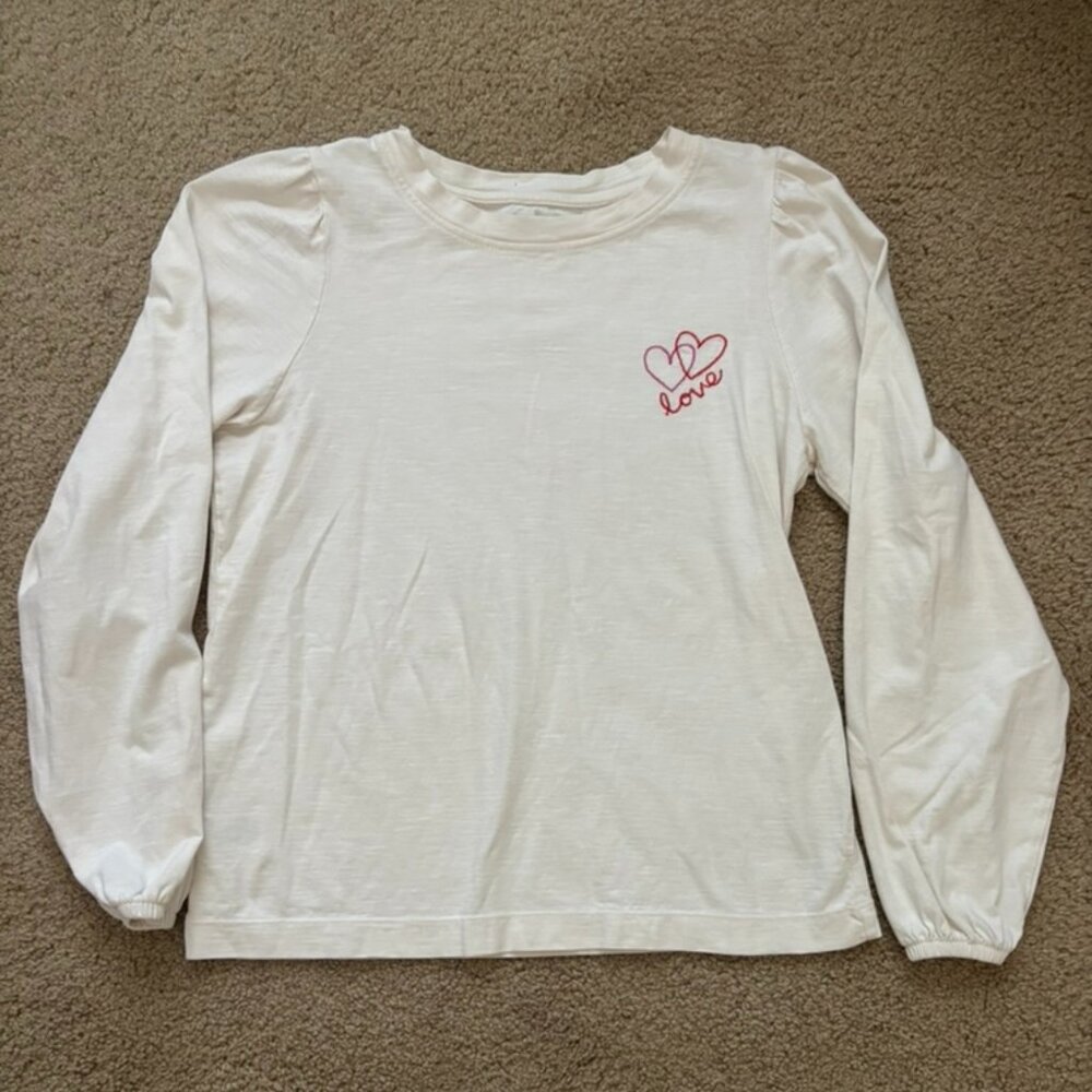 Loft Top Size Small Puff Sleeve 100% Cotton Embroidered Heart Beige Slub Knit